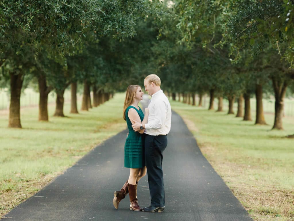 Tree-lined drive, fall engagement photos