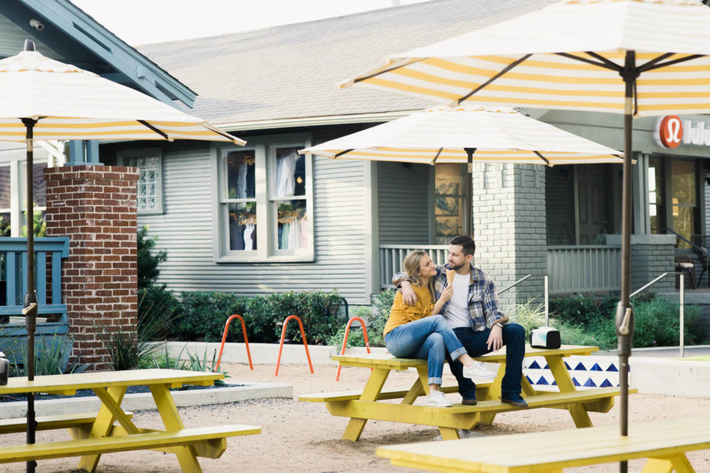 Engagement photos taken at Heights Mercantile in Houston Tx.