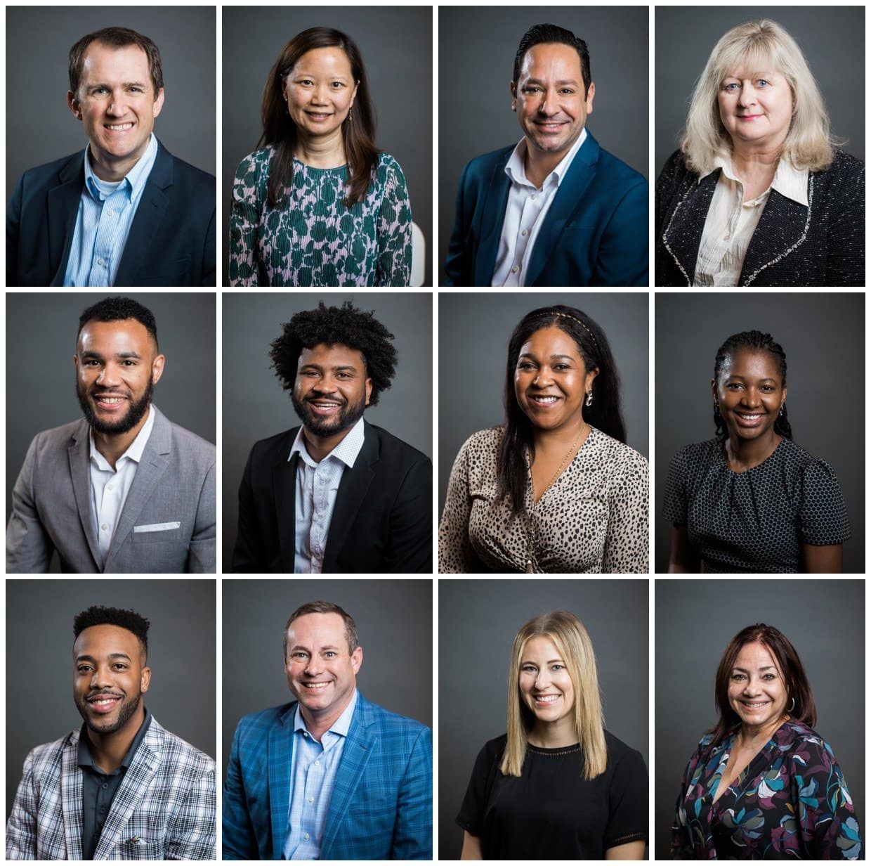 On-site headshots Houston: twelve of the 140 headshots from one corporate headshot day, same light on every frame