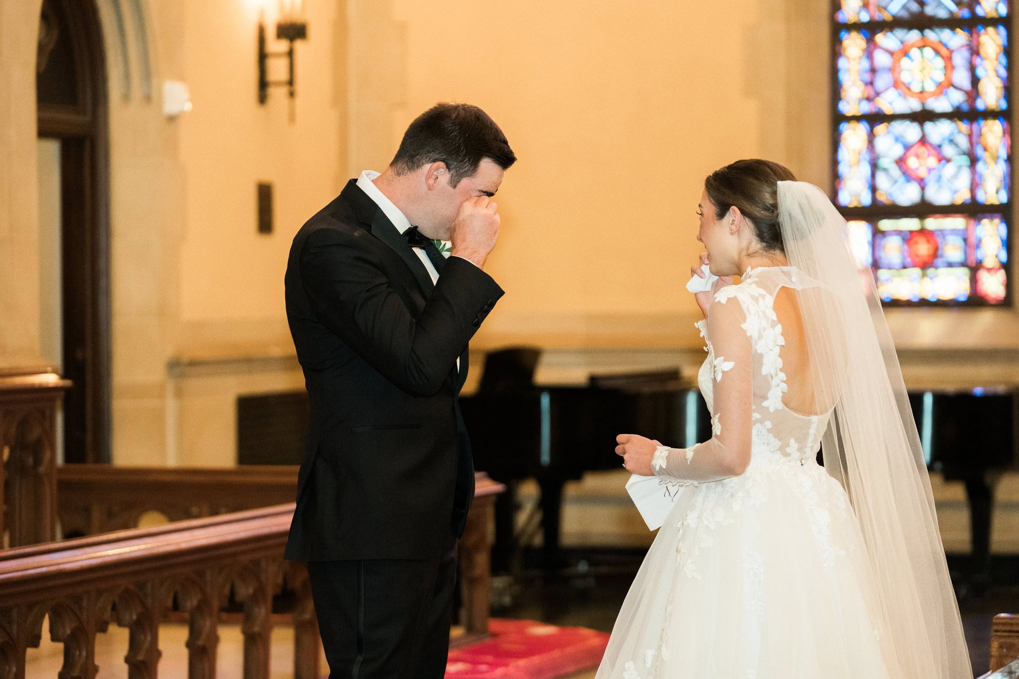 Sydney and Cade reacting to one another during their church first look.